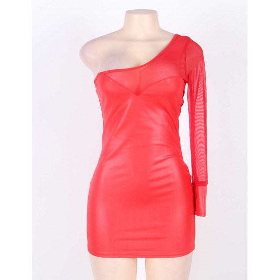 One Sleeve Red Mesh Leather Bodycon Dresses