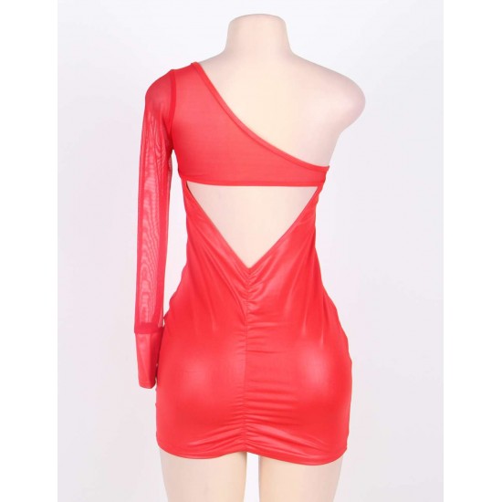 One Sleeve Red Mesh Leather Bodycon Dresses