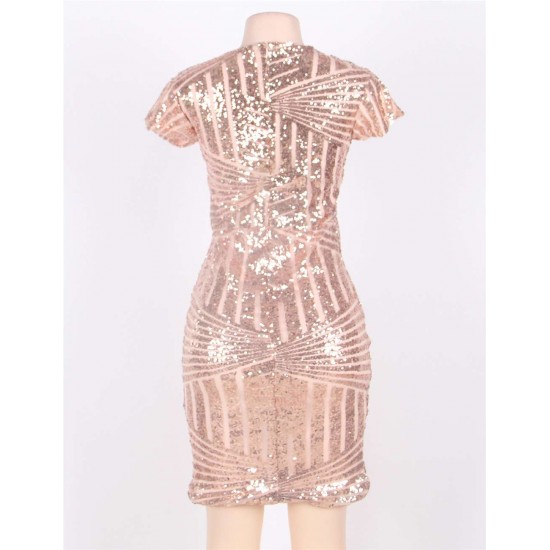 In Stock Rose Gold Sequins V Neck Sexy Dress 