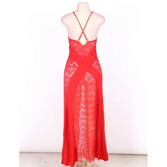 Red Lace Cross Open Back Long Dress