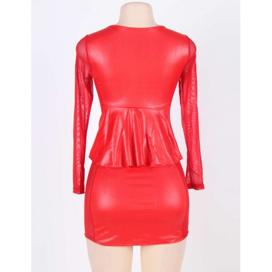 Mesh Inset Peplum Red Top and Skirt