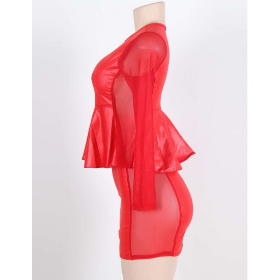 Mesh Inset Peplum Red Top and Skirt