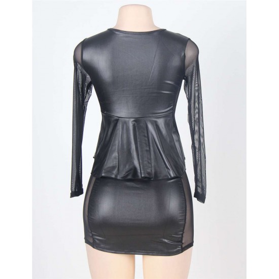 Black Leather Mesh Inset Peplum Top and Skirt