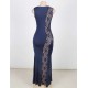 Lace Panel Ruffle Dark Blue Maxi Dress