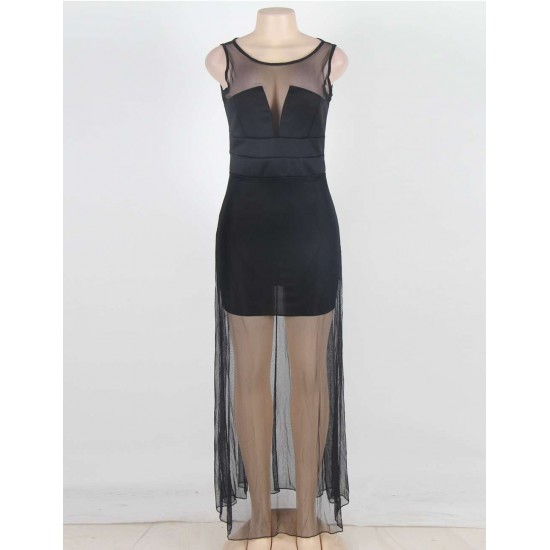 Black Sleeveless Short Dress with Floor Length Sheer Overlay