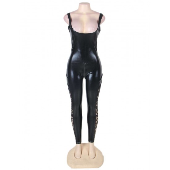 Sexy Faux Leather Stretch Catsuit Lace Insert Legs Halloween Costume