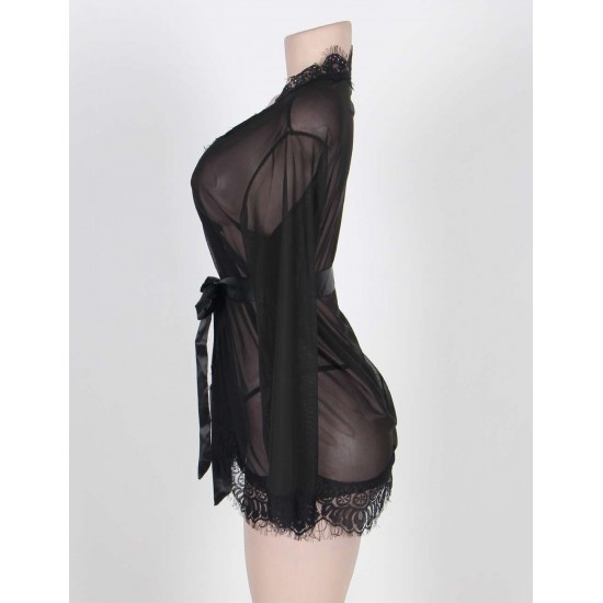 Plus Size Black Lace Trim Robe With Thong