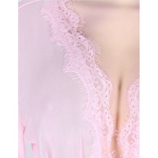 Sexy Pink Sheer Lace Trim Robe With G-String