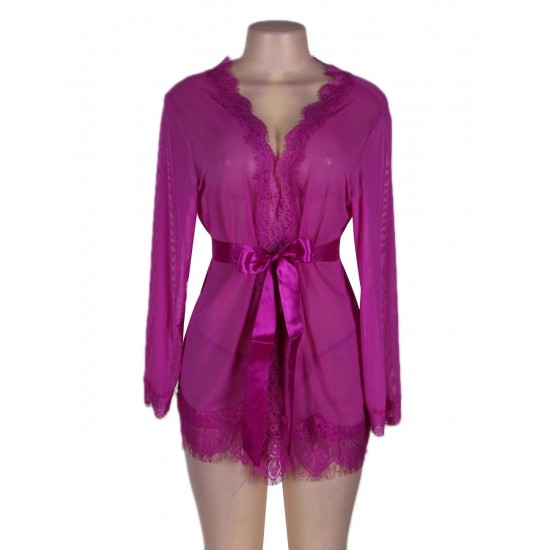 Sheer Lace Trim Purple Robe With Thong