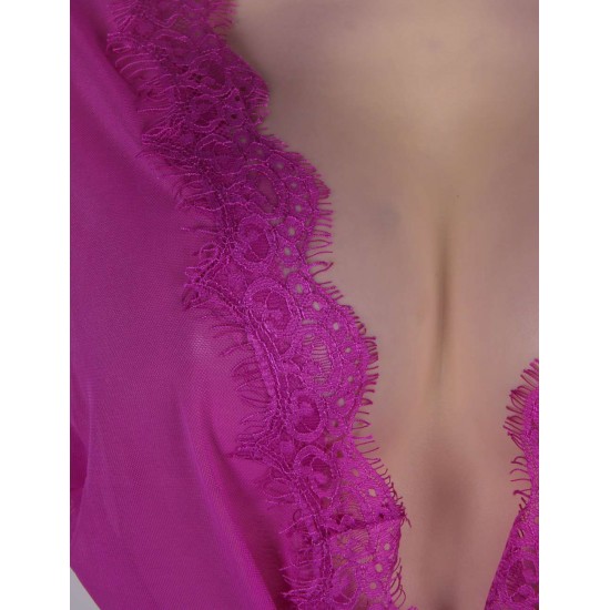 Sheer Lace Trim Purple Robe With Thong