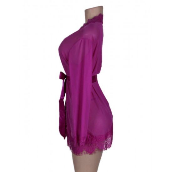 Plus Size Purple Lace Trim Robe With Thong