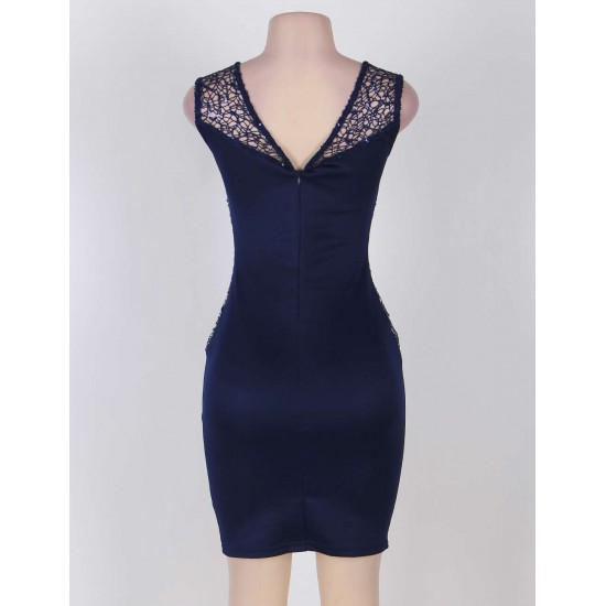 Elegant Blue V-back Ruched Lace Dress