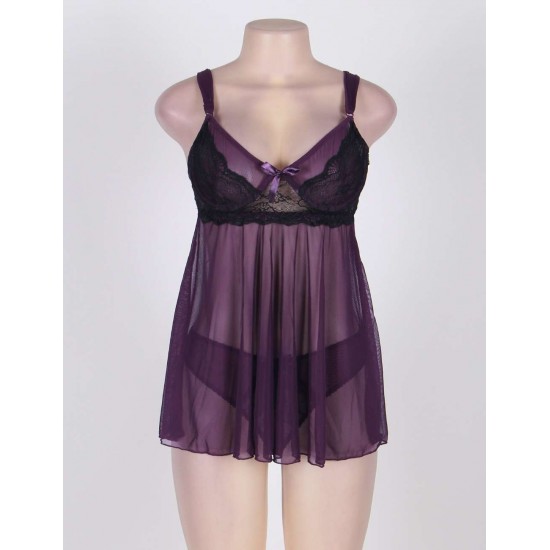 Appealing Flower Pattern Lace Transparent Violet Mini Dress