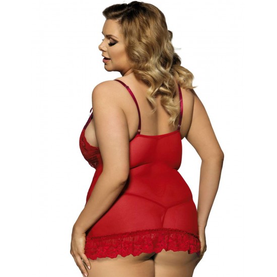 Red Plus Size Transparent Lace Floral Babydoll