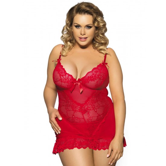 Bright Red Sexy Plus Size Floral Lace Babydoll