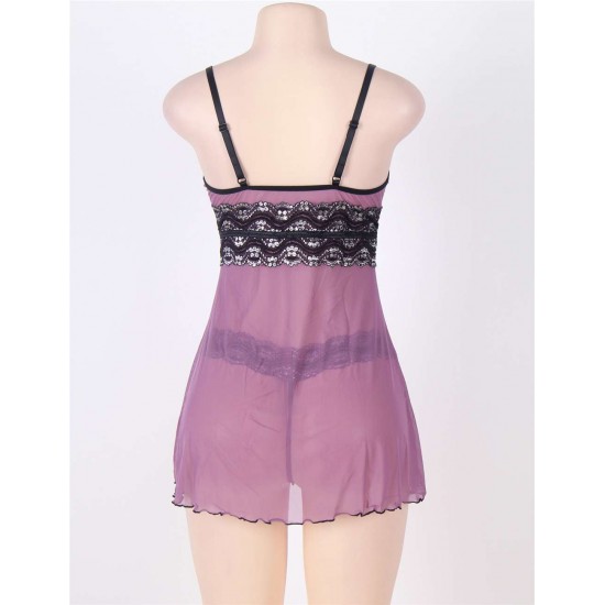 Purple Plus Size Mesh and Metallic Lace Babydoll