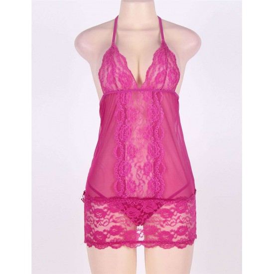 Rosy Plus Size Croch Back Lace Mesh Halter Babydoll