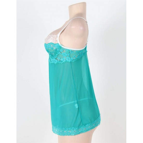 Green Plus Size Sexy Babydoll Set Mesh & Lace