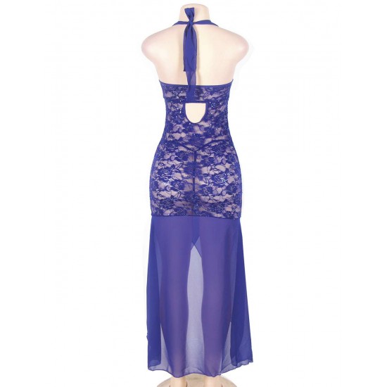 Blue Halter Lace And Mesh Plus Size Babydoll Dress