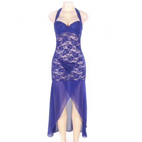 Blue Halter Lace And Mesh Plus Size Babydoll Dress