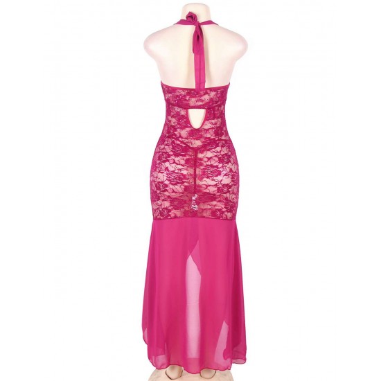 Plus Size Rosy Halter Long Mesh And Lace Dress