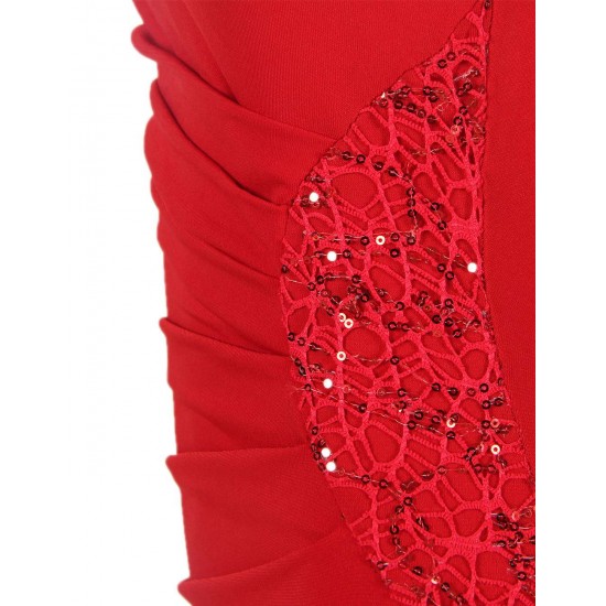 Elegant Red Side Lace Detail Ruched Dress