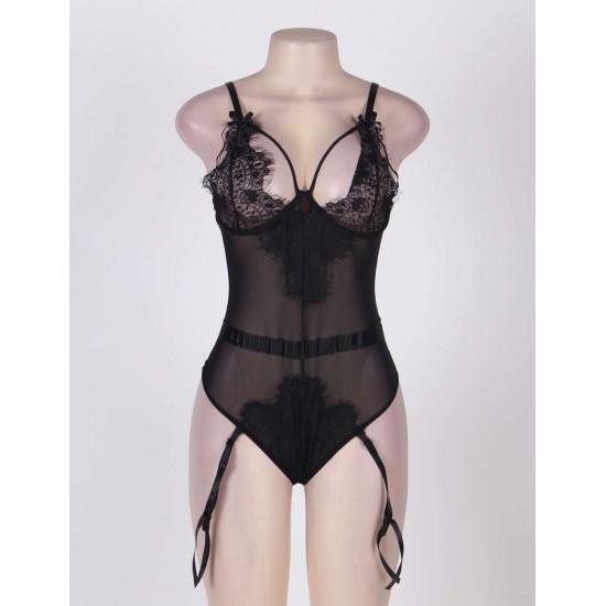 Plus Size Black Eyelash Lace Teddy Lingerie