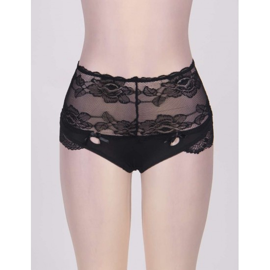 Queen Size High Waist Strappy Floral Black Lace Panty