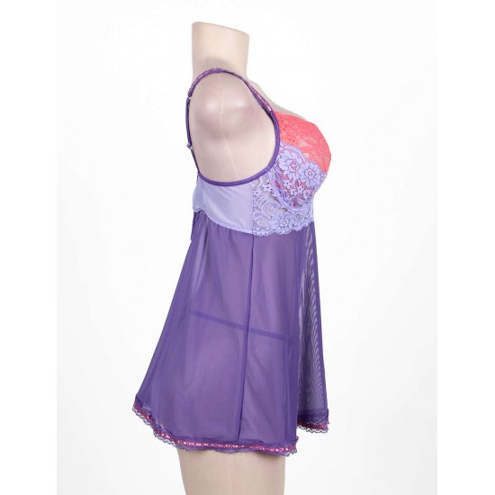 Purple And Pink Lace Cup Babydoll Set