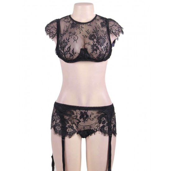 Eyelash Lace Trim Black Lingerie Set