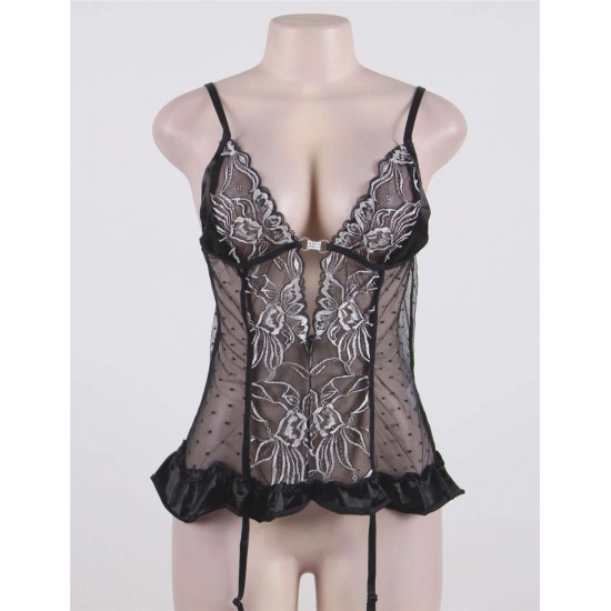 Black Sheer Mesh Lace Teddy Lingerie