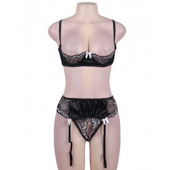 3 Piece Open Bust Bra And Garter Panty Set 