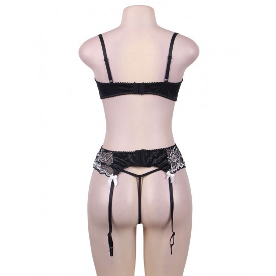 3 Piece Open Bust Bra And Garter Panty Set 