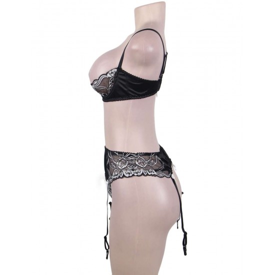 3 Piece Open Bust Bra And Garter Panty Set 