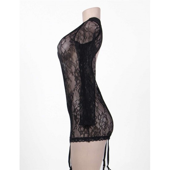 Black Long Sleeve Lace Floral Chemise