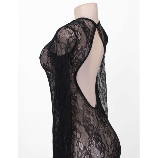 Black Long Sleeve Lace Floral Chemise