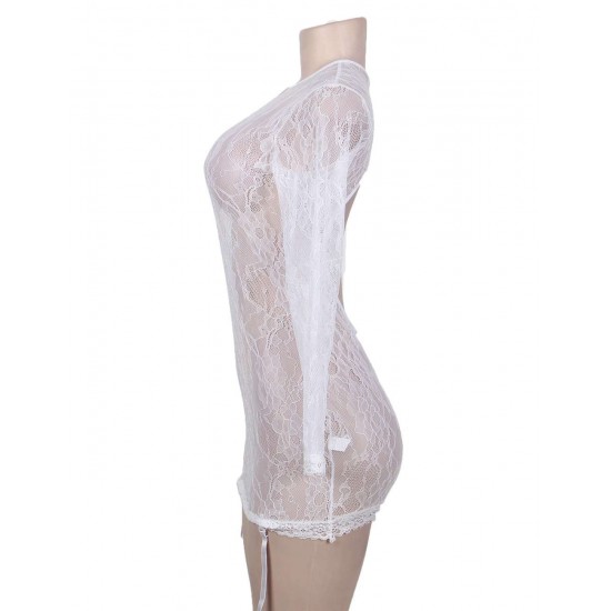 White Long Sleeve Floral Lace Chemise