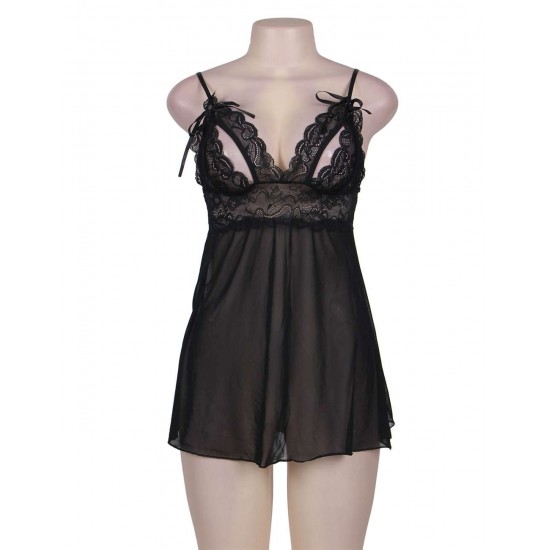 Black Sweetheart Scalloped Lace Decor Babydoll