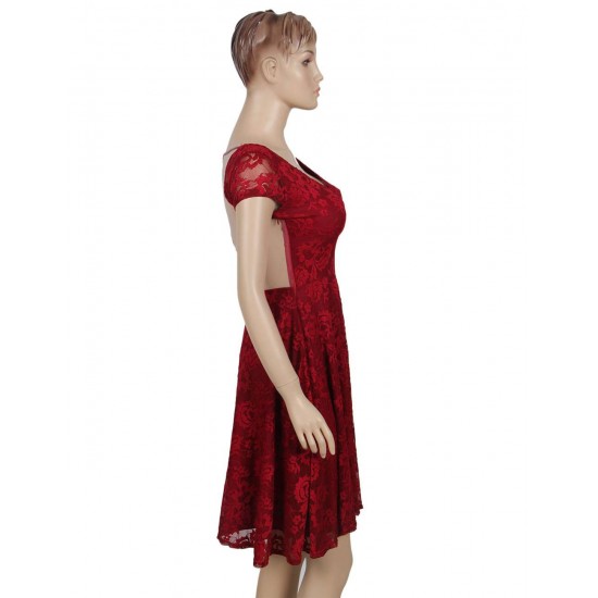 Lace Elegant Round Neck Red Bodycon Dress