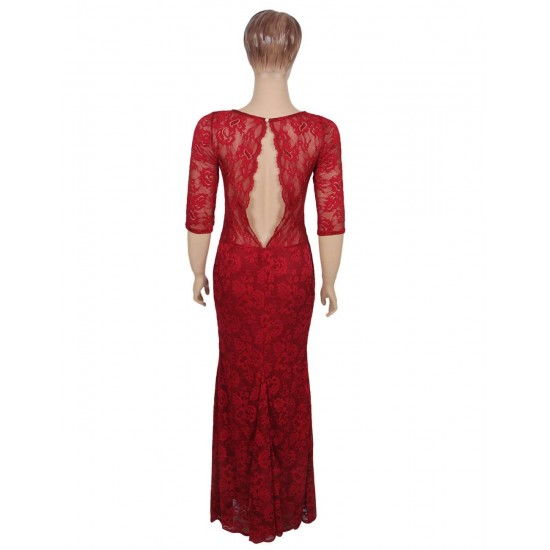 Backless Half Sleeve Red Long Dress