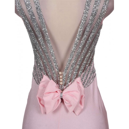 Pink Open Back Golden Strap Ruffle Evening Dress