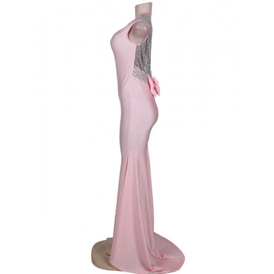 Pink Open Back Golden Strap Ruffle Evening Dress