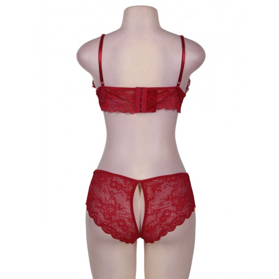 Red Lace Crotchless Booty Short Bra Set