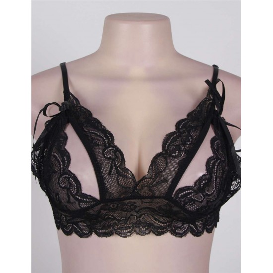 Black Lace Crotchless Booty Short Bra set