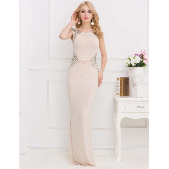 Cream-coloured Shimmering Sequins Pleated Maxi Dress