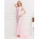 Pink Open Back Golden Strap Ruffle Evening Dress