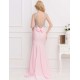 Pink Open Back Golden Strap Ruffle Evening Dress