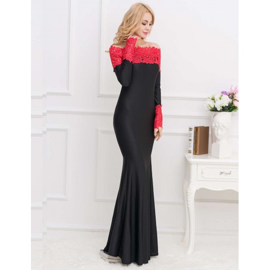 Boat Neck Red Lace Evening Gown