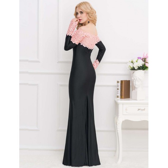 Boat Neck Pink Lace Evening Gown