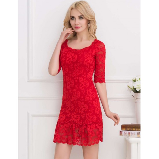 Red Short Sleeve Round Neck Lace Bodycon Dress